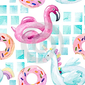 Water color flamingo, unicorn pool float, ring donut lilo floating in blue swimming pool