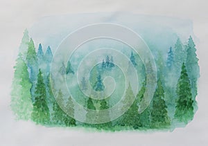 Water color hand painting illustration, view of greenery pine trees on mountain with snow, Christmas tree in winter season drawing