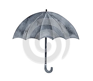 Water color illustration of black opened umbrella with curved hook handle.