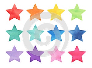 Water color illustration collection of colorful abstract stars of various colours.