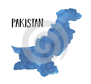 Water color illustration of Pakistan Map Silhouette in blue color with artistic brush strokes.