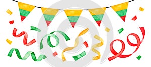 Water color illustration set of bright striped flag bunting and many flying confetti and party streamers.