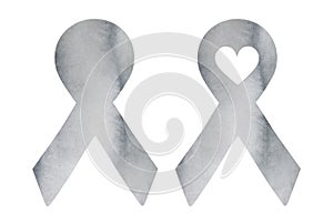 Water color illustration set of two gray ribbons: with love heart shape and clean template that can be used for your text words.