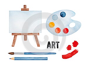 Water color illustration set of various drawing symbols: paint palette, easel, brush, pencil, brushstrokes. photo