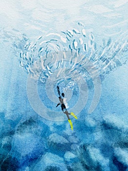 Water color paint : Diving under water on fine printing paper