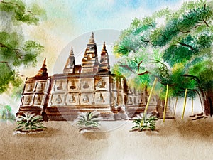 Water Color painting, Ancient pagoda in Jed Yod temple in Chiangmai ,Thailand