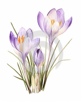 water color painting of purple crocus flowers on white background generative AI