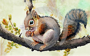 Water color painting of a squirrel eats nut on branch, AI generated