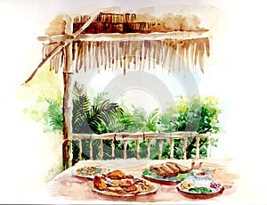 Water color painting of thai food in bamboo architecture