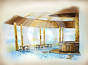 Water color resort by the beach illustration