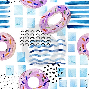 Water color ring donut lilo, swimming pool, geometric tile, ink elements