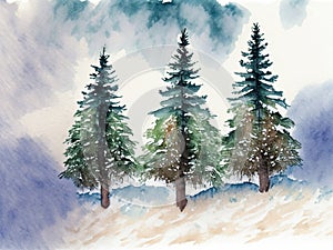 Water color of a row of pine trees