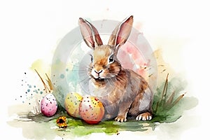 Water color sketch of a cute bunny with easter eggs - Generative AI