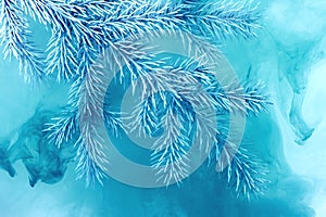 Water color white background acrylic inside water smoke steam frost snow branch needles christmas tree winter blue frozen