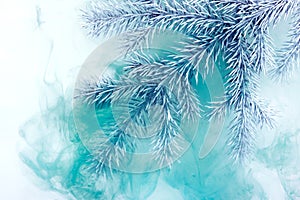 Water color white background acrylic inside water smoke steam frost snow branch needles christmas tree winter blue frozen