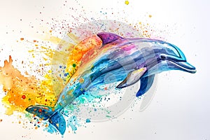 A water colored dolphin is jumping on a white background, in the style of vibrant murals, colorful watercolors.