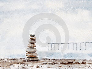 Water colour Pebble tower by the seaside with blurry pier down to the sea, Stack of zen rock stones on the sand, Digital paint,