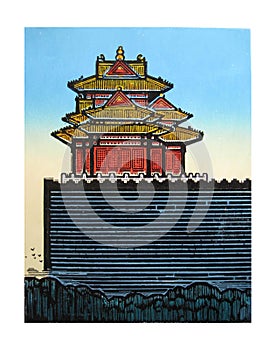 Water colour wood cut, Corner Building of Forbidden city in Spring