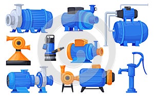 Water compressor pumps. Industrial pump irrigator machinery parts, wastewater oil pumping electric motor plumbing system