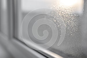 Water condensation on PVC windows during autumn. Plastic window.