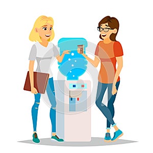 Water Cooler Gossip Vector. Modern Office Water Cooler. Laughing Friends, Office Colleagues Women Talking To Each Other