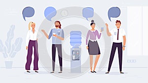 Water cooler talk. Office workers conversation, people drink water and talking with speech bubbles vector illustration