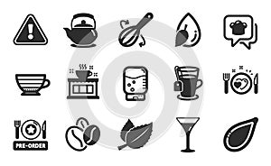 Water cooler, Water drop and Coffee beans icons set. Cooking hat, Cappuccino and Pre-order food signs. Vector