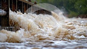 Water crashes against the sides of a bridge as the river swells with the intensity of a monsoon downpour