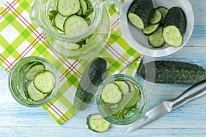 Water with cucumber. Refreshing diet water with cucumber and mint in a glass beaker against a blue background. detox drink concept