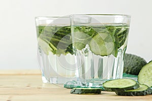 Water with cucumber. Refreshing diet water with cucumber and mint in a glass beaker on a wooden background. detox drink concept. s