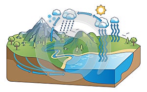 Water cycle diagram with precipitation and condensation outline concept