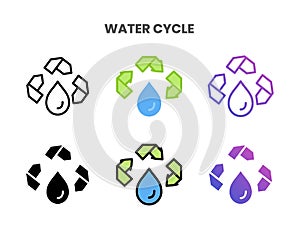 Water Cycle icons set with different styles.