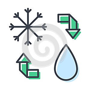 Water cycle in nature, snowflake and water drop icon, vector isolated illustration, ecology design element.