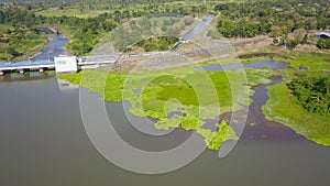 water dam view from above, renewable energy, aerial landscape