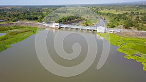 water dam view from above, renewable energy, aerial landscape