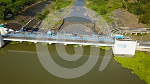 water dam view from above, renewable energy, aerial landscape