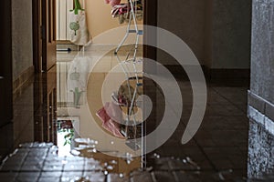 Water damage due a broken pipe. Moisture problem and wet floor. Horizontal, selective focus photo