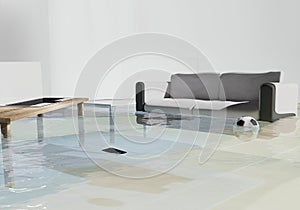 Water damage due to flooding in house 3d-illustration