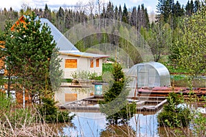 Water damage single family house after rain storm flooding