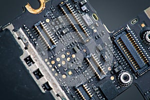 Water damaged circuit board of mobile cellphone, pcb, connectors, corrosion.