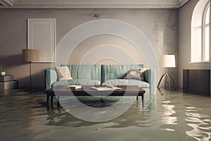 Water damager after flooding in basement with floating, created with Generative AI technology