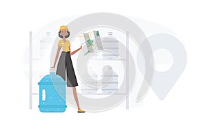 Water delivery concept. The girl is holding a map. The character is depicted in full growth. Vector.