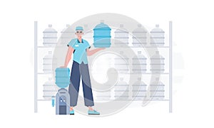 Water delivery concept. The man is holding a large water bottle. The character is depicted in full growth. Vector.