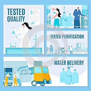 Water delivery and purification process vector illustration banners set. Testing and packaging bottles for drink. Water