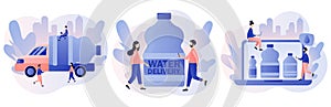 Water delivery service. Big bottle with clean water, delivery truck. Supply, shipping. Modern flat cartoon style. Vector
