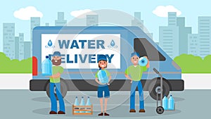 Water delivery service, courier near bottle at cargo vector illustration. Man woman worker character shipping water for