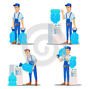 Water Delivery Service Man Set Vector. Treatment. Office Drink In Plastic Bottles. Water Cooler Rental. Supply, Shipping