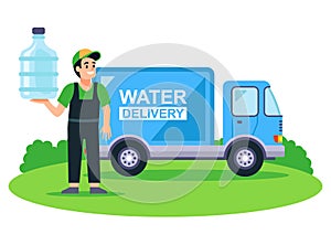 water delivery truck. male water bottle delivery man.