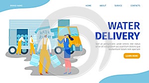 Water delivery website landing vector illustration. Packaging and delivering bottles for drink. Water industry.