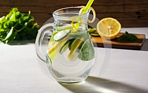 Water detox with fresh cucumber and lemon. Healthy drink